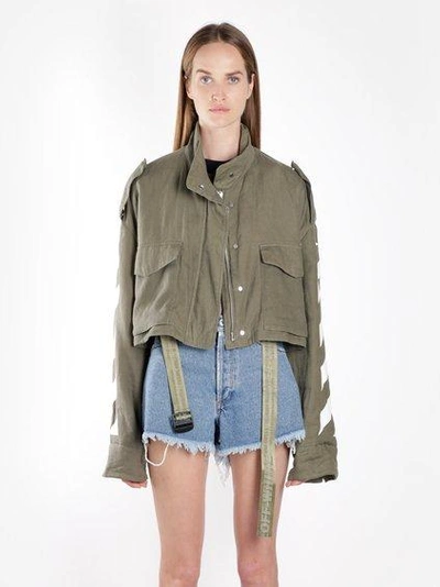 Off-white High-neck Striped-print Cropped Linen Jacket In Military Green