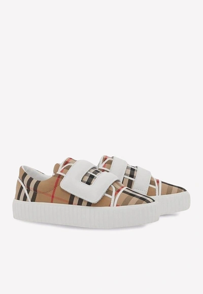 Burberry Kids' Leather And Cotton Trainers With Vintage Check Pattern In Beige