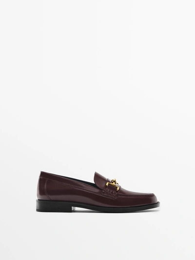 Massimo Dutti Leather Loafers With Buckle In Burgundy