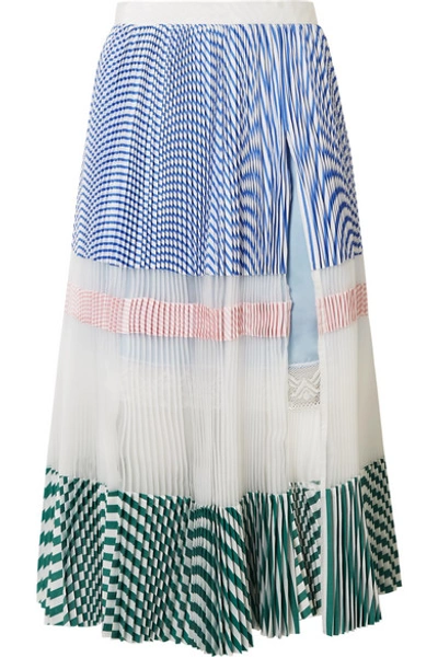 Sacai Pleated Striped Cotton And Organza Midi Skirt In Stripe Multi