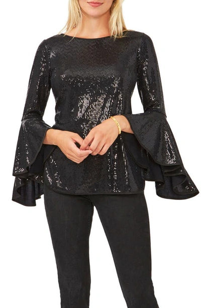 Vince Camuto Sparkle Bell Sleeve Top In Black