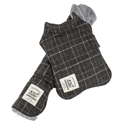 Touchdog 2-in-1 Windowpane Plaid Dog Jacket And Matching Reversible Dog Mat In Grey