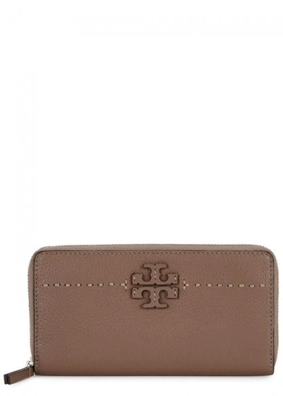 Tory Burch Mcgraw Taupe Leather Wallet In Silver