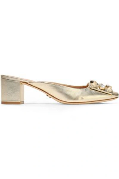 Tory Burch Embellished Metallic Leather Mules In Gold