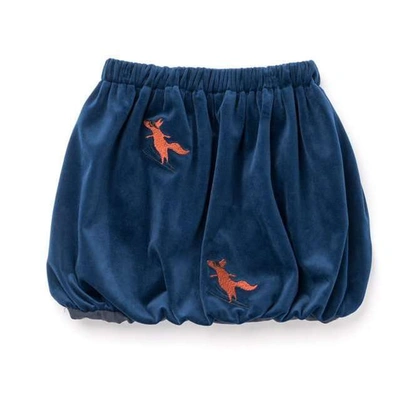 Omamimini Kids' Velvet Bubble Skirt With Foxes Embroidery In Blue