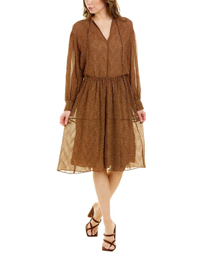 Vince Starry Dot Long Sleeve Shirred Dress In Brown