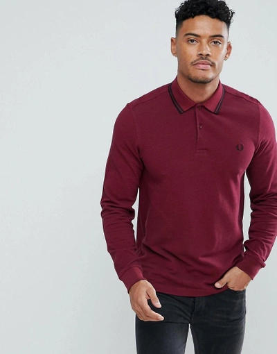 Fred Perry Long Sleeve Slim Fit Twin Polo Shirt In Burgundy - Red | ModeSens