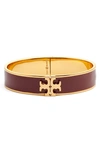Tory Burch Raised Logo Enamel Hinge Bracelet In Burgundy/ Tory Gold