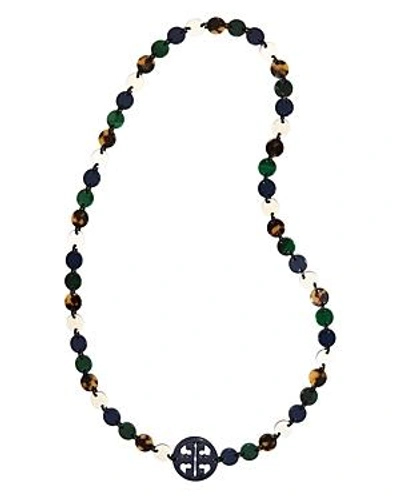Tory Burch Malachite And Tory Navy Multi Resin Logo Long Necklace