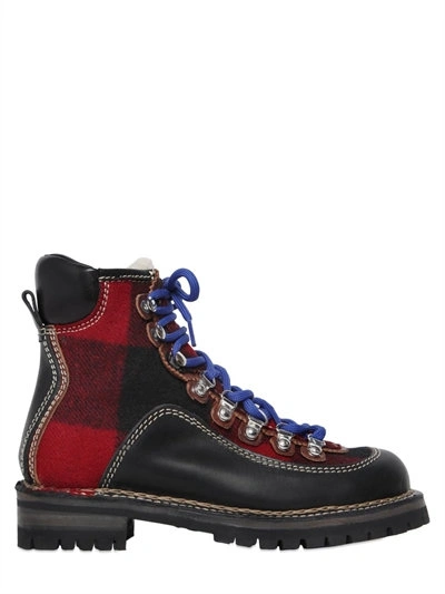 Dsquared2 40mm Leather & Plaid Wool Hiking Boots In Black/red | ModeSens