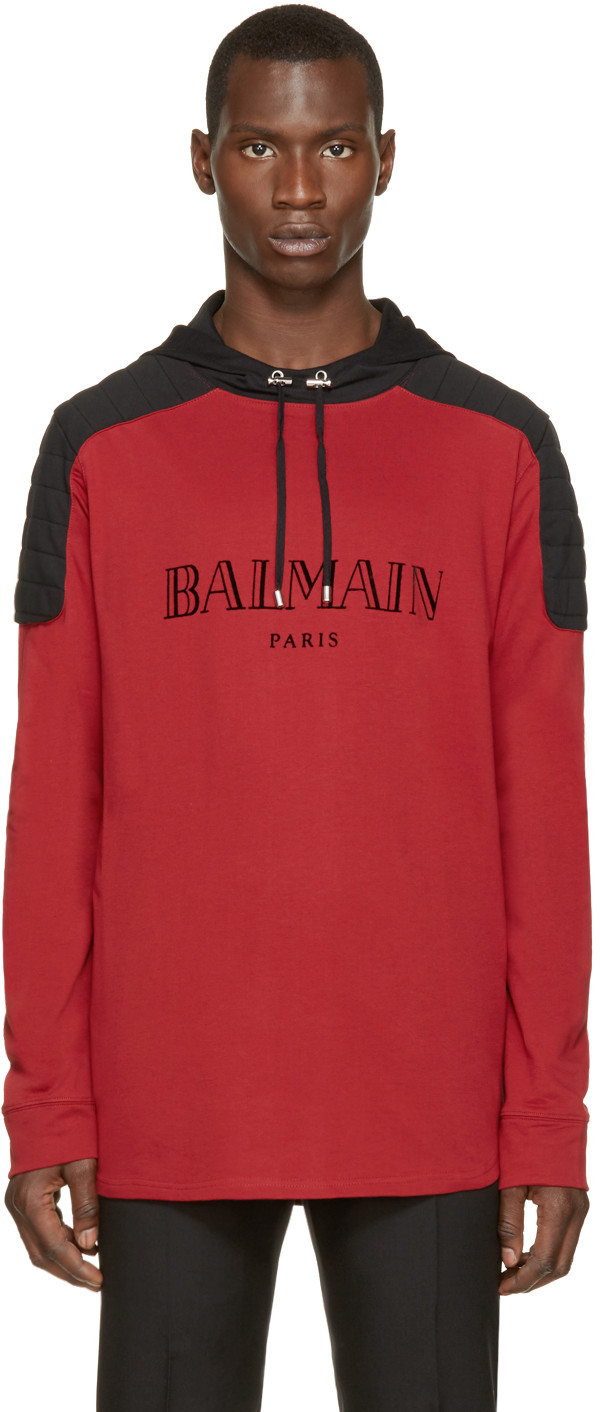 Balmain Red & Black Logo Hoodie | ModeSens