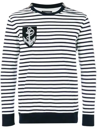 Balmain Zip-detailed Appliquéd Striped Cotton Sweater - Midnight Blue