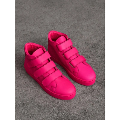 Burberry Perforated Check Leather High-top Sneakers In Neon Pink