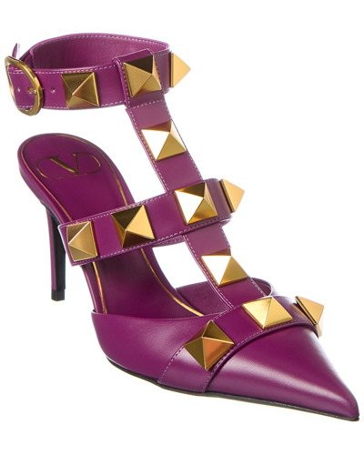 Valentino Garavani Roman Stud 80 Leather Ankle Strap Pump In Purple