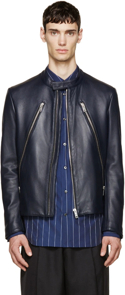 Maison Margiela Navy Leather 5 zip Racer Jacket ModeSens
