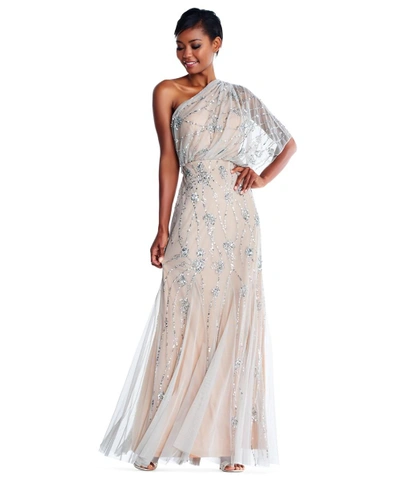 Adrianna Papell One Shoulder Beaded Gown In Silver/nude | ModeSens