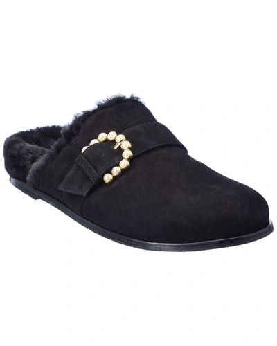 Stuart Weitzman Piper Embellished Shearling-lined Suede Slippers In Black