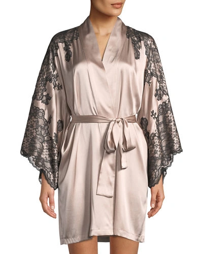 Josie Natori Camilla Lace-trim Silk Kimono Robe In Pink/black