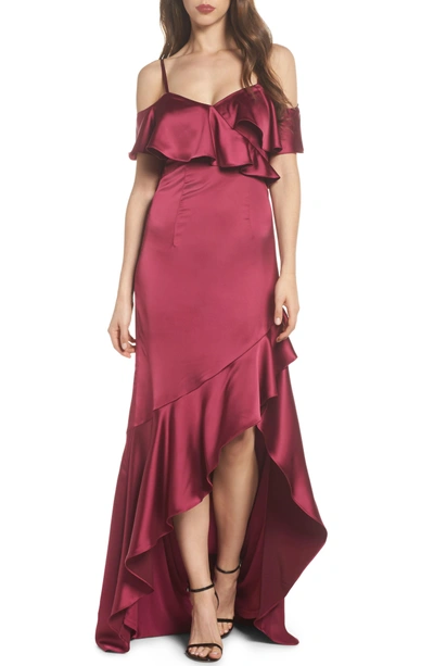 Adrianna Papell Ruffled Satin Gown In Red Plum ModeSens