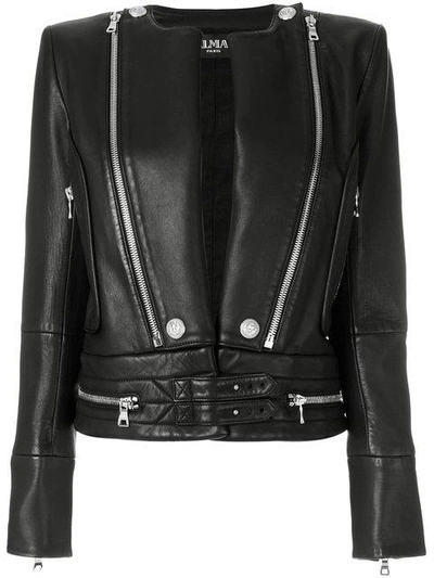 Balmain Zip Detail Leather Jacket In Noir C0100