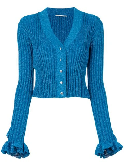 Marco De Vincenzo Ruffled-cuff Ribbed-knit Cardigan In Azure