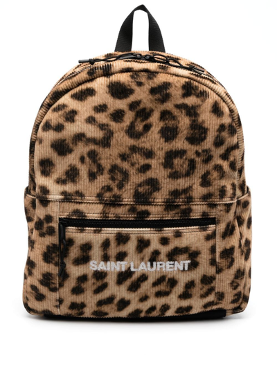 Saint Laurent Leopard-print Corduroy Backpack In Beige,brown