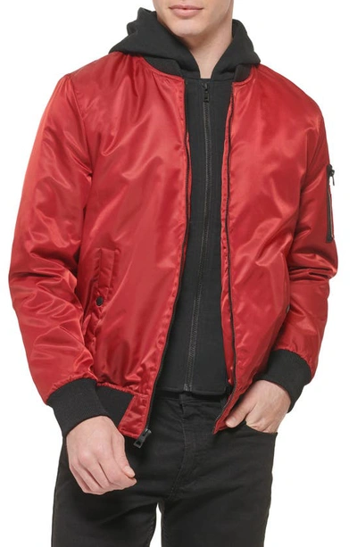 Guess Men's Bomber Jacket With Removable Hooded Inset In Oxblood | ModeSens