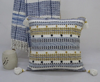 Vibhsa Designer Striped Pillow With Mini Poms And Tassels In Multi