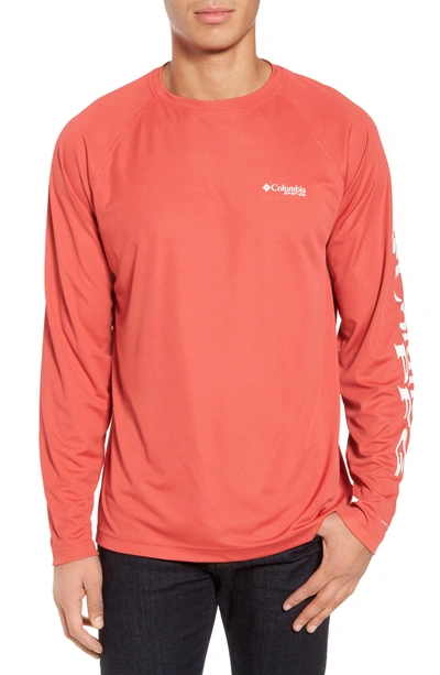 Columbia Pfg Terminal Tackle Performance Long Sleeve T-shirt In Sunset Red/ White