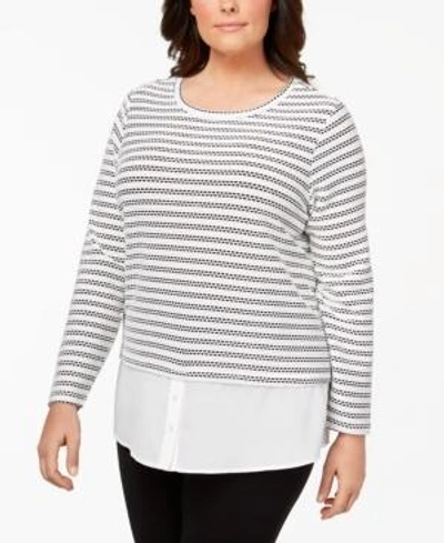 Calvin Klein Plus Size Layered-look Waffle-knit Top In Soft White/black