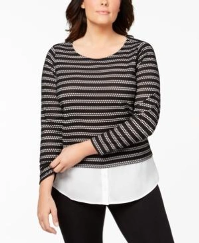 Calvin Klein Plus Size Layered-look Waffle-knit Top In Black/white