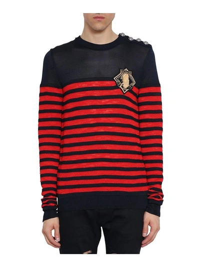 Balmain Striped Cotton Buttoned Sweater In Navy