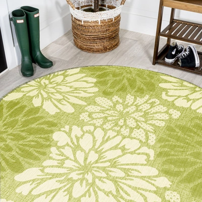 Jonathan Y Zinnia Modern Floral Textured Weave Indoor/outdoor Green/cream Round Area Rug