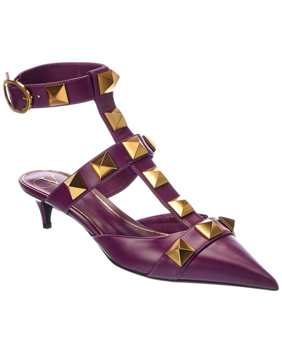 Valentino Garavani Valentino Roman Stud 40 Leather Ankle Strap Pump In Purple