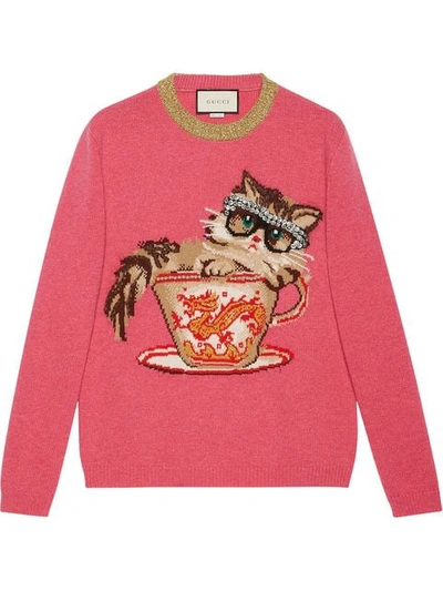 Gucci Embellished Intarsia Crewneck Sweater In Pink