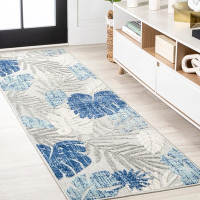 Jonathan Y Monstera Tropical Leaf High-low Indoor/outdoor Light Gray/navy Runner Rug In Grey