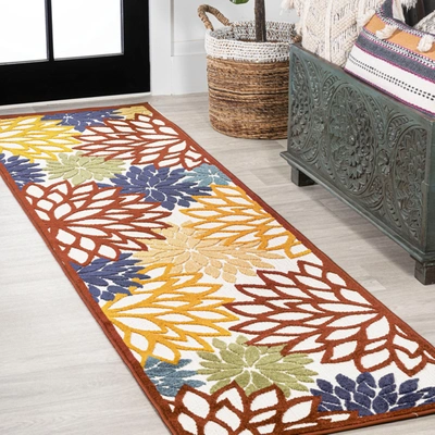 Jonathan Y Minori Floral High-low Indoor/outdoor Cream/red/blue Runner Rug In Beige