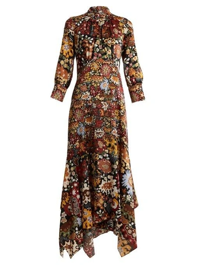 Peter Pilotto Asymmetric-hem Floral-print Silk Dress In Burgundy Multi