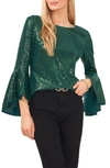 Vince Camuto Sparkle Bell Sleeve Top In Arresting Emerald