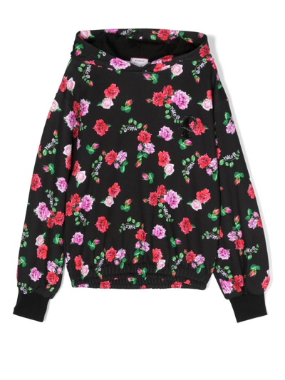 Pinko Kids' Floral-print Logo-embroidered Hoodie In Black