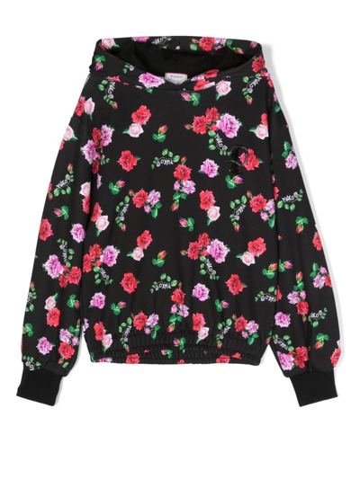 Pinko Kids' Floral-print Logo-embroidered Hoodie In Schwarz