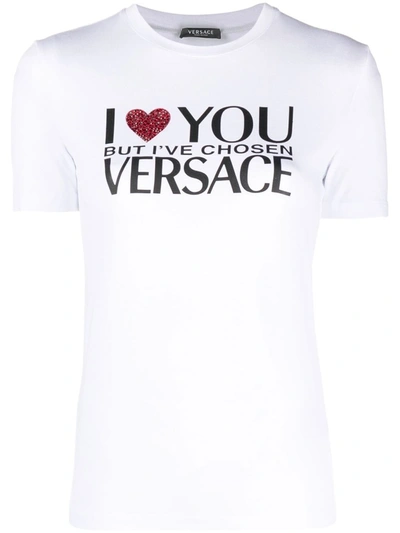 Versace Slogan Print Crystal Embellished Crewneck T-shirt In White