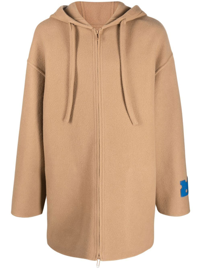 Off-white Hooded Wool Coat In Camel No Color