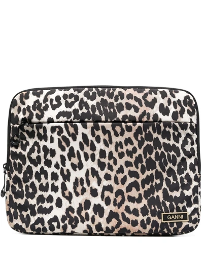 Ganni Leopard-print Laptop Bag In Beige | ModeSens