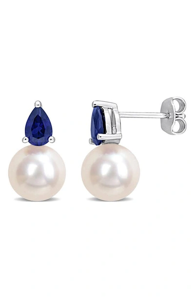 Delmar Pearl & Lab-created Sapphire Stud Earrings In White