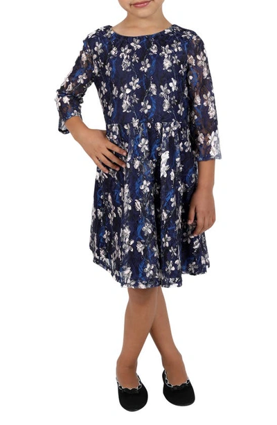 Little Angels Kids' Three Quarter Sleeve Lace Dress In Navy