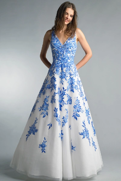 Basix Black Label Blue White Sleeveless Floral A-line Evening Gown In Blue/white