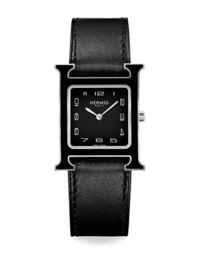 Hermès Watches Heure H 26mm Lacquered Stainless Steel & Leather Strap Watch In Black