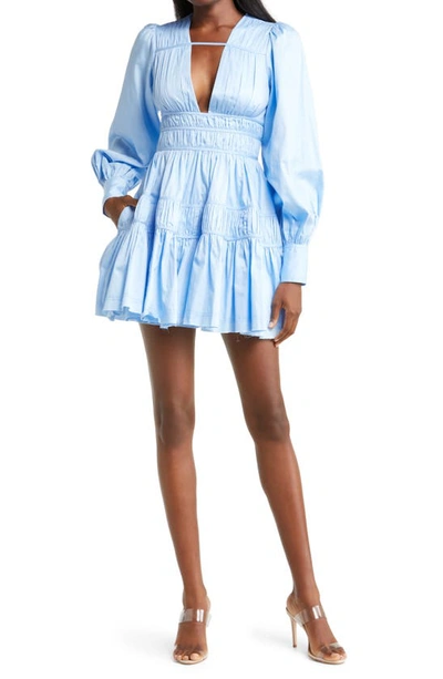 Aje Falling Water Shirred Long Sleeve Cotton Minidress In Blue