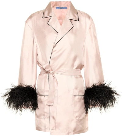 Prada Feather-embellished Silk-twill Robe In Opaline+nero | ModeSens